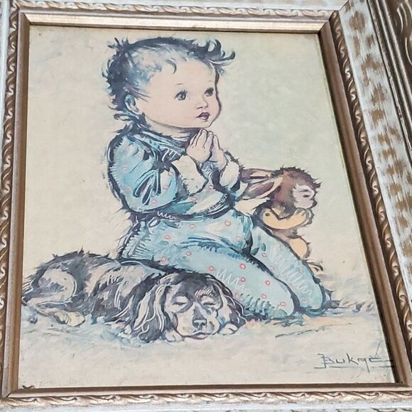 Framed wall Picture Boy with Dogs Puppies bedtime Prayer Jean Bukac Lithographs - Picture 2 of 5